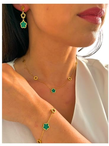 NataschaWoge® Kleeblatt GRÜN GOLD Armband minimalistischer Schmuck EDELSTAHL Gold Kette Halskette Choker Geschenk für Sie Goldkette (Ohrringe lang)