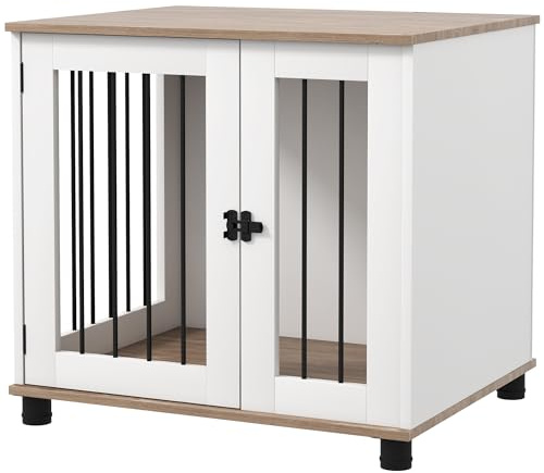 PawHut Hundbur för djur på fötter 2 i 1 sidobord med 1 låsbar dörr - metall och spånskivor - dim. 73 L x 60 l x 68 H cm