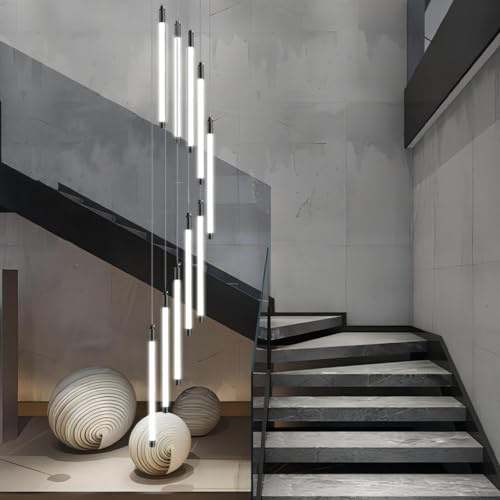 LYSDjia Moderner großer Treppen Kronleuchter höhenverstellbare LED Pendelleuchte aus schwarzem Eisen kreative hohe Decke schicke Beleuchtung geeignet für dekorative Hängelampen in der Hotelvilla Bar L