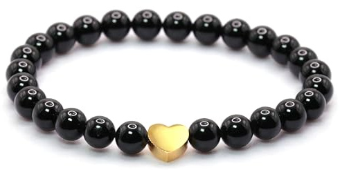 Echtes Edelstein Armband mit 6mm Perlen und Edelstahlherz - verschiedene Längen - Heilstein Schutzstein Talisman Glücksbringer Geschenk