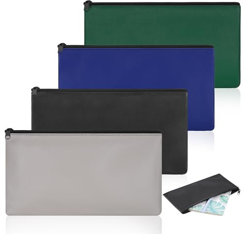 4 Stück Banktaschen aus Kunstleder 27 x 15 cm Geldtasche PU Dokumententasche A5, Geldmappe mit Reißverschluss für Bargeld und Dokumente, Blau Schwarz Grau Grün