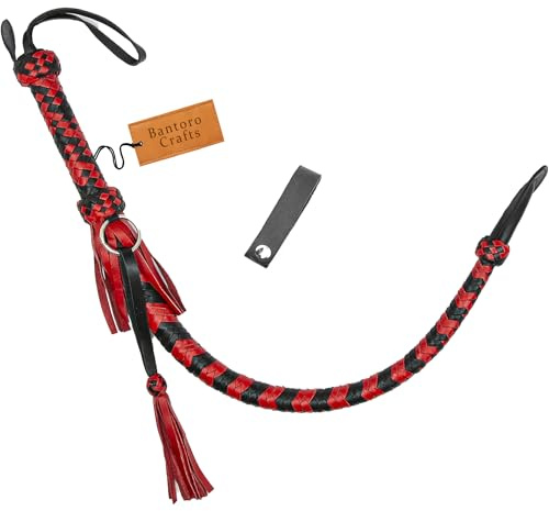 Bantoro Crafts Rouge et Noir Fouet Nagaika Fait à la Main 2,5 Pieds de Longueur Fouet cosaque Kamcha Nagaika Donskaïa Abachkine Auto défense 12 Tresses Brins Cuir tressé