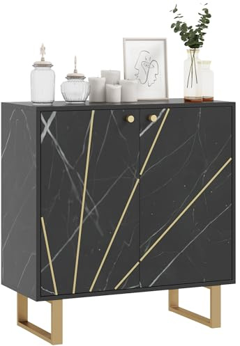 HOMCOM Meuble de Rangement 76L x 35l x 77H cm Aspect Marbre Noir | Buffet Salon, 1 Placard 2 Portes, Étagère Réglable, Pieds en Métal