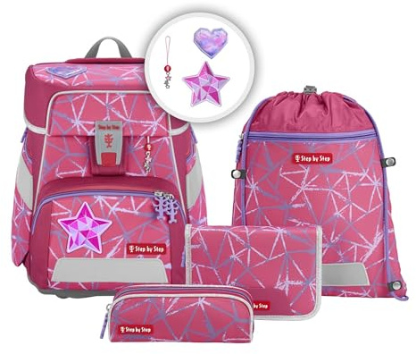 Step by Step Schulranzen-Set SPACE „Star Stella“ 5-teilig, lila-rosa, Stern-Design, ergonomischer Tornister mit Reflektoren, höhenverstellbar mit Hüftgurt für Mädchen ab der 1. Klasse, 20L