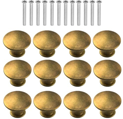 Anhoer 12Pcs Vintage Brass Cupboard Knobs 30mm — Round Antique Brass Cabinet Knobs Zinc Alloy Drawer Knobs Single Hole Pull Knobs for Kitchen Cabinets Wardrobes Dressers Furniture