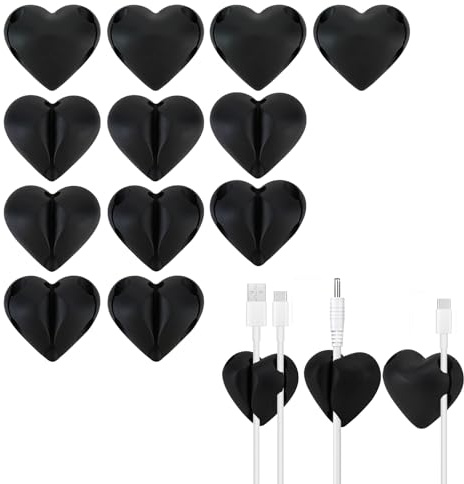 HMIEPRS 12Pcs Cable Clips, Heart-shaped Cable Management Self Adhesive Holders, Black Wire Tidy Clips Cord Organiser, Cable Holder Clip Desk Accessories for Home Office Car Desk USB Charger
