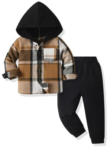 Yanmucy Completo abbigliamento per neonati e bambini, 2 pezzi in cotone a quadri, felpa con cappuccio, camicia, top, pantaloni, set per ragazzi piccoli, tuta da ginnastica per bambini, abbigliamento