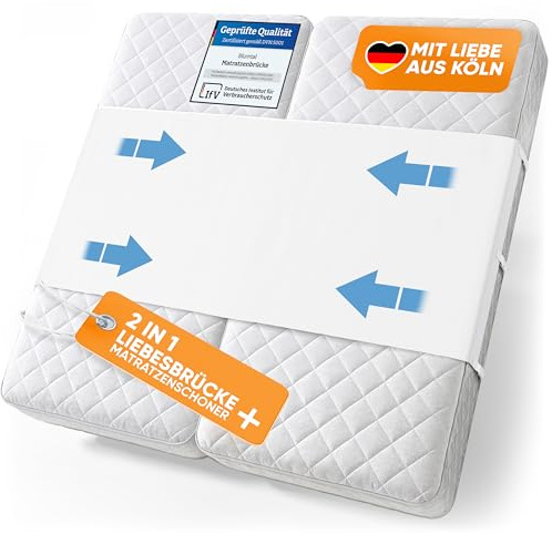 Blumtal Liebesbrücke für Matratzen bis max. 240 cm Gesamtbreite - wasserdichter Matratzenverbinder mit Spanngurten 90 cm Länge - festsitzende Matratzenbrücke waschbar bis 60 °C - Bettbrücke 3-lagig