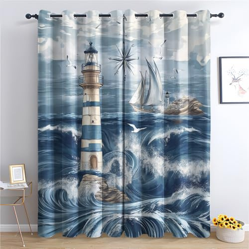 Luxfieo Nautisch Vorhänge Leuchtturm Segelboot Meer Vorhang Blickdicht Gardinen Verdunklungsvorhänge mit Ösen Thermovorhang für Wohnzimmer Schlafzimmer Fenster Deko 2er Set H 300 x B 140 cm W#60