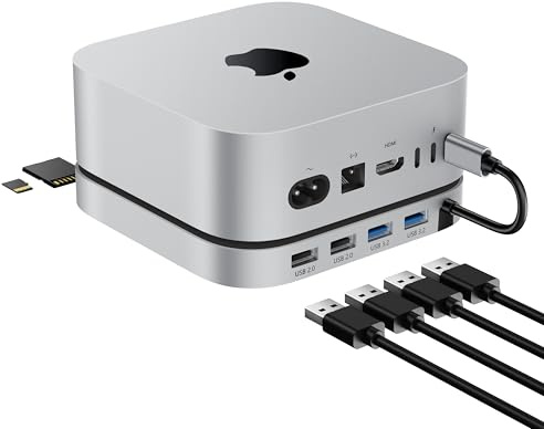 Stouchi Mac mini M4 Dock mit M.2 NVMe/SATA SSD Gehäuse, kompatibel mit Mac mini M4/M4 Pro (2024), M4 Hub mit Aluminium 2× USB 3.2 (10 Gbit/s), 2× USB 2.0, Micro/SD & TF Kartenleser (104 MB/s)-Silber