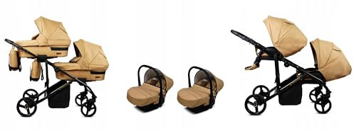 BabyLux® Bambini Passeggino per gemelli Completo Set 3 in 1 - Duo | Sand Pearl - Navicella, Canna, Seggiolino Auto - Carrozzina Neonati Sistema Combinato - con Borsa fasciatoio, Copertura antipioggia