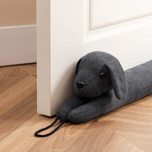 habibee 38'' Door Draft Stopper for Bottom of Door, Avoid Noise or Cold Air, Cute Grey Dog Draft Blocker for Window, Decorative Soundproof with Hanging Loops for Sweet Home, Heavy Duty 2.2 Pounds