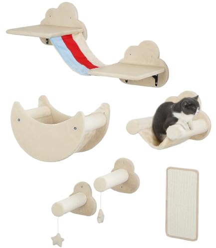 PawHut Juego de Pared de Escalada para Gatos 6 Piezas Tema Cielo Beige | Estanterías para Gatos, Hamacas, Plataformas, Escaleras, Tabla Rascador, Poste de Sisal, Estrellas de Juguete