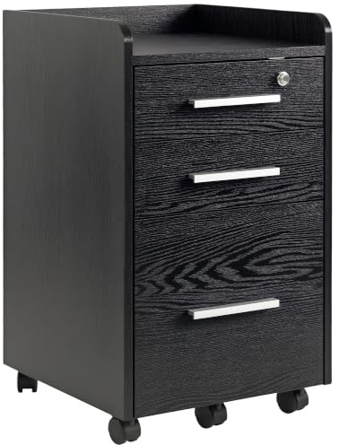 HOMCOM 3-Schubladen Aktenschrank mit Schloss für A4, Schwarz | Rollende Unterschrank-Schubladen, Kantige Oberfläche, Hängemappen, Home Office