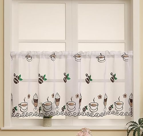 Daliena Scheibengardinen mit Kaffeemotiv Cafe Gardinen BxH 120x60cm Weiß | Kurzgardine Bestickt Bistorgardine Modern, Halbtransparente Fenstergardinen für Cafés, Küche, Wohnzimmer 1 Stück