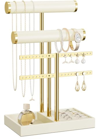 bussdis 3 Tier Bracelet Holder Display - Beige Leather Bracelet Holder, Detachable T Bar Jewelry Holder Organizer for Bracelet, Necklace, Earrings, Rings, Watches, Bangle