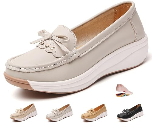 ZPLMIDE Mocasines ortopédicos de plataforma para mujer con cadena, zapatos ortopédicos para caminar para mujer, mocasines de plataforma sin cordones, mocasines clásicos