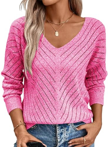 Razzlebelle Rose Pull Femme Hiver Chic et Elegant col V Chaud Oversize Automne Manche Longue Fin Leger Ample Décontracté Sweater Pulls Haut