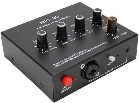Yechiry Mic Preamp Gain Booster with 48V Power, XLR 3.5mm 6.35mm Input Output Interface for Condenser and Dynamic Microphones, Vocal Recording & Streaming (With XLR Cable)