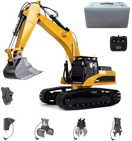 1/14 Remote Control Excavator for Adults, 2.4G 23CH 5-in-1 RC Excavator Digger with LED Lights Sound Smoke Effects, Crusher Log Grab Hydraulic Shear Claw RC Construction Vehicle Toy Gift -RTR
