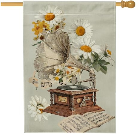 Vintage-Gartenflagge, beigefarbene Chrysanthemen-Blumen, Grammophon, Outdoor-Dekoration, doppelseitige Jute-Hofflagge für Frühling, Sommer, Rasendekoration, 71,1 x 101,6 cm