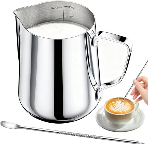 Tbintul 350ml/12oz jarra leche barista acero Inoxidable, dispositivo portátil lechera mit bolígrafo de arte latte & marca de medición, jarra cafe Ideal para espresso, capuchino, café con leche, Plata