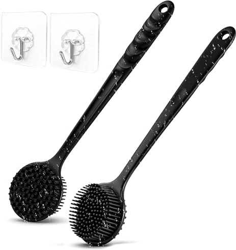 Spazzola Schiena Doccia Silicone, 2 Pezzi Spazzola Doccia Schiena con Manico Lungo Doppia Faccia per Massaggio ed Esfoliazione, Spugna Doccia Silicone con 2 Ganci, Asciugatura Rapida