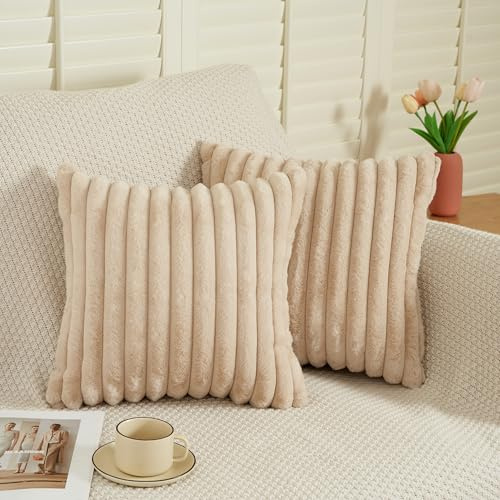 EASE LEAP Beige Cushion Covers 45 x 45 Fluffy Faux Fur Set of 2 Throw Pillow Covers Soft Plush Pillowcases for Sofa Bed Modern Style Home Decor Fluffy Striped Cushion Cover 18x18 Inches