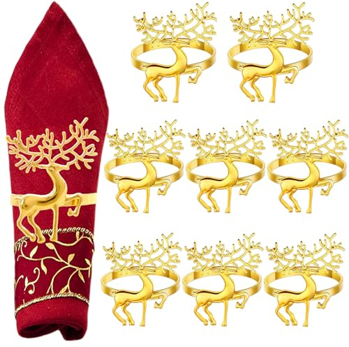 MUNSKT Serviettenringe Weihnachten Rentier, 8 Stück Servietten Ringe für das Weihnachtsessen, Thanksgiving, Festliches Serviettenhalter Set