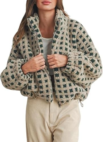 FeMereina Women’s Long Sleeve Cropped Sherpa Fleece Plaid Jacket Casual Chunky Teddy Fleece Outerwear (green, S)