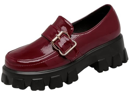 Eestfy Mocassins Compensés Plateforme Femme Boucle Métallique Bout Rond Enfiler pour Réunion d'affaires et Uniforme de Bureau Style Vintage Doublure Souple,Burgundy,43 EU