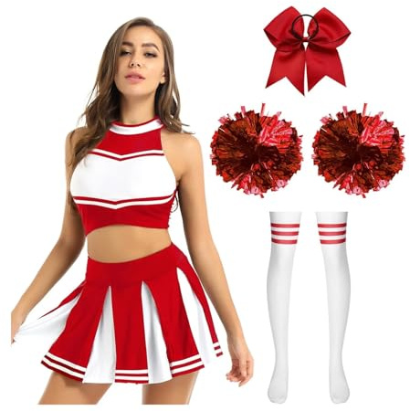 CNYUON Cheer Leader-kostymer, skolflicka, dansoutfit, kvinnor, Cheerleading, uniform, magtröja, veckad kjol, pom-strumpor, prestanda, kostym för Cheerleading, klänning (röd B, M)