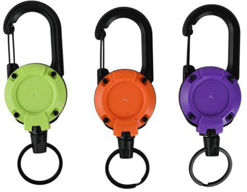 Daleweo Llavero Retractil 3 Unidades, Mosqueton Extensible con Cable Acero 60cm, Porta Tarjetas Identificativas Resistente, Clip Cinturón, Verde Violeta Naranja