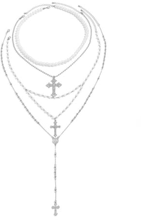 BKEPDY Collana Donna Collane Multistrato Perle Croce Cuore Pendente Collana Lunga Donna Girocollo Argento Elegante Gioielli Alla Moda(Argento)