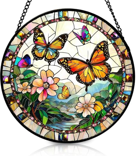 Sonnenfänger Schmetterlings, Echtglas Suncatcher mit Eisenkette, 20x20 cm Fensterdeko Hängend für Wohnzimmer, Balkon, Garten & Wand, Ideal Einzugsgeschenke Haus für Familie & Freunde