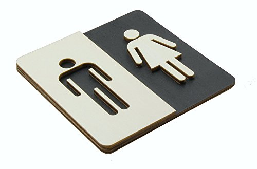 Targhetta per toilette, in legno, nero, con simboli uomo e donna, Legno, 24 x 24 cm