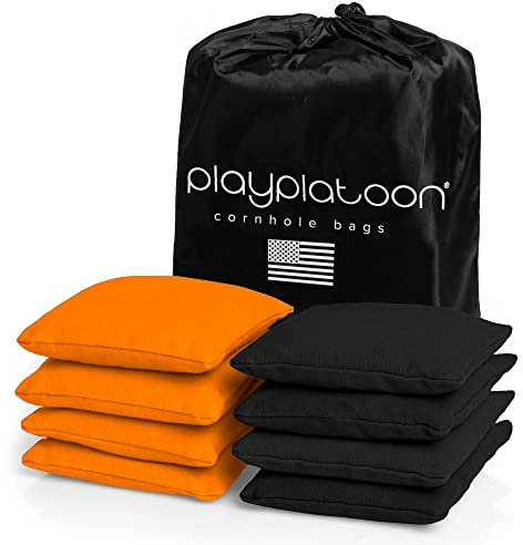Play Platoon Wetterfeste Cornhole Bags – Set mit 8 regulären Größen – Orange & Schwarz – strapazierfähiges Ententuch für Wurfspiel, inklusive Tragetasche