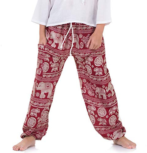 Vegan & Fair - Orientalische Kinder Aladinhose Haremshose Thailändischer Elefant & Spirit of Mandala für Jungen & Mädchen (Large, Rot Elefant)