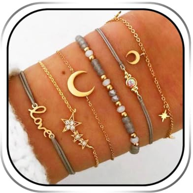 Handcess Boho Layered Crystal Star Armband Sets Gold Mond Hand Accessoires Weben Armbänder Perlen Handkette für Frauen und Mädchen (6 Stück)