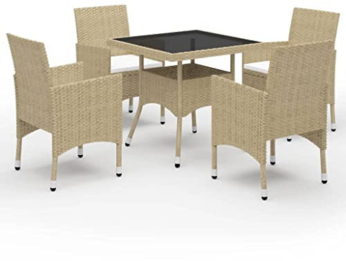 vidaXL Gartenmöbel 5-TLG. Sitzgruppe Gartengarnitur Gartenset Sitzgarnitur Esstisch Gartentisch Gartensessel Sessel Poly Rattan Glas Beige