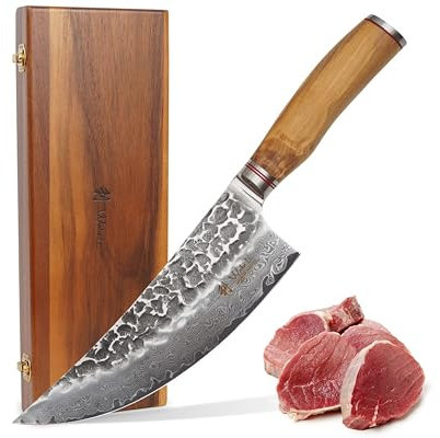 Wakoli Olive Damast Wiegemesser 20 cm – 67 Lagen VG10 Kern, 60±2 HRC, Olivenholzgriff, Hammerschlag | Kontrollierter Wiegeschnitt für Kräuter, Gemüse, Fleisch, langlebige Schneide, Geschenkbox