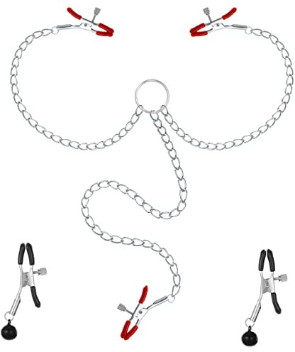 Belmalia Nippelklemmen mit Kette | 2 Nipple Clamps + Klitorisklemme | Brustwarzenklemmen mit Glocken | Bruststimulatoren für Frau & Mann | SM Sexpielzeug Extrem