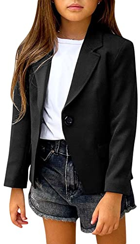 Girls Solid Color Lapel Suit Coat Button Down Long Seelve Blazer Jacket Black