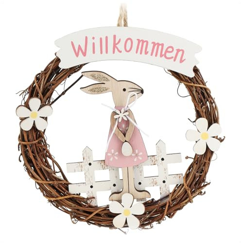 com-four® Osterkranz mit Hase aus Holz - dekorativer Türkranz mit Aufhänger - natürliche Osterdekoration zum Aufhängen - Tür- und Fensterschild mit Schriftzug