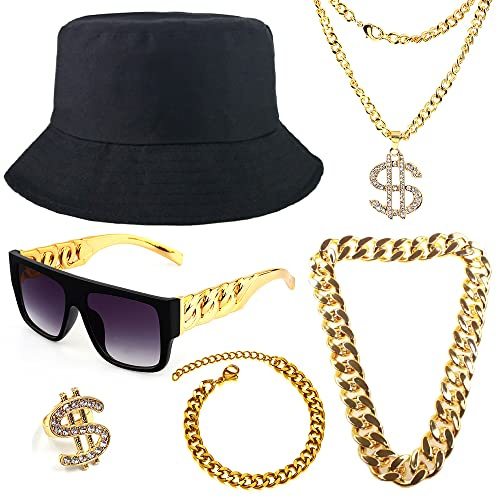 Gionforsy Hip Hop Kostüm Zubehör Set 6 Stück mit Bucket Hut Sonnenbrille | Goldkette Armband Ring, 80er 90er Jahre Rapper Accessoires Set für Mottoparty Halloween Karneval Fasching
