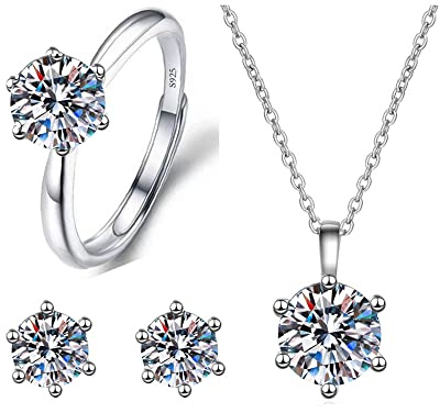 QKEPCY Sechsklauen Zirkonia Schmuckset Halskette Ohrringe Ring Silber Hochwertig Elegant Klassisch Strahlend