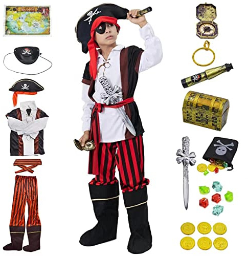 ZUCOS Kinder Piratenkostüm Rollenspielset - Piratenspielzeug Zubehör Anziehen Geburtstag Halloween Weihnachten Geschenke (10-12 Jahre)