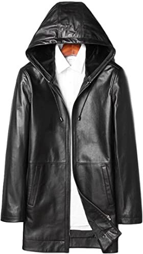 Frühling und Herbst Lederjacke Herren 100% echtes Schaffell Jacke mittellang Kapuze Windbreaker Mantel Schwarz XL