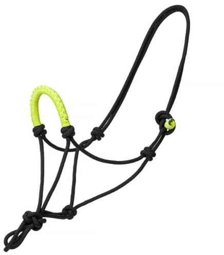 Start Knotenhalfter Pferd – Trainingshalfter für Bodenarbeit & Reiten ohne Gebiss – Robustes Rope Halter mit Zierdetails - RopeBraided (Schwarz/Lime, Cob (Vollblut))