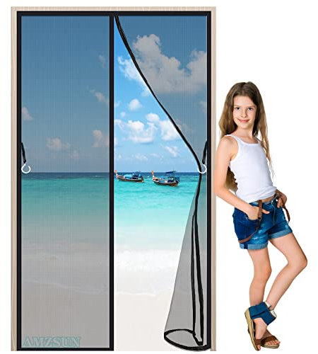 Door Screen Magnetic Door Fly Screen Black 145x260cm with Full Frame Magic Tape and Closing Magnets Mesh Fly Curtain Mosquito Net for Patio Balcony Living Room